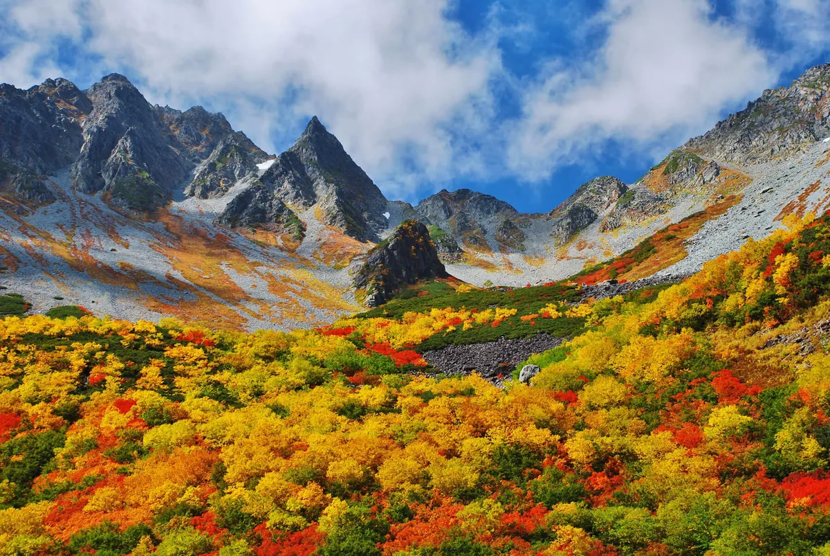 Snow-capped peaks of the Japanese Alps dominating the horizon
