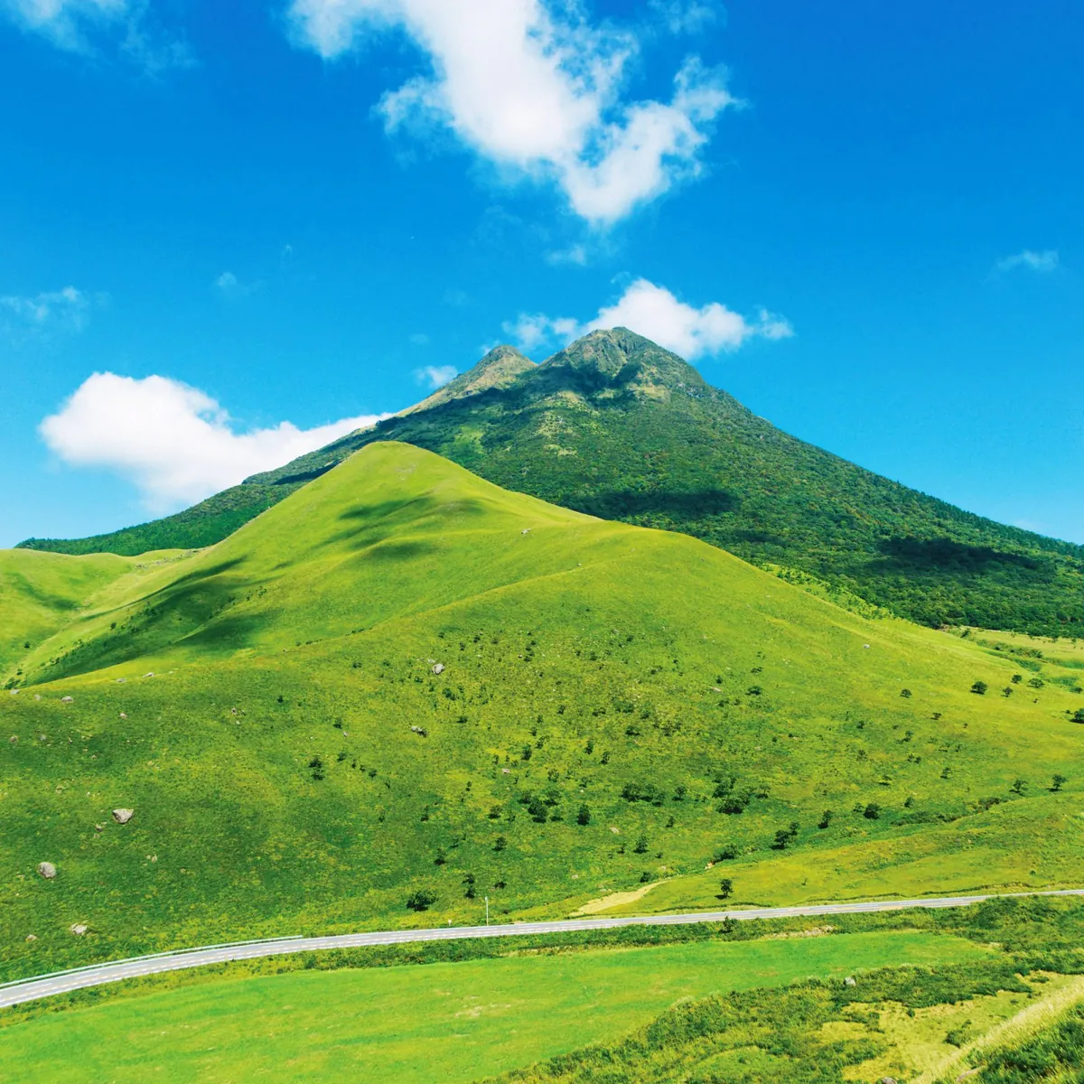 분고 후지로 알려진 유후산의 대칭적인 원뿔