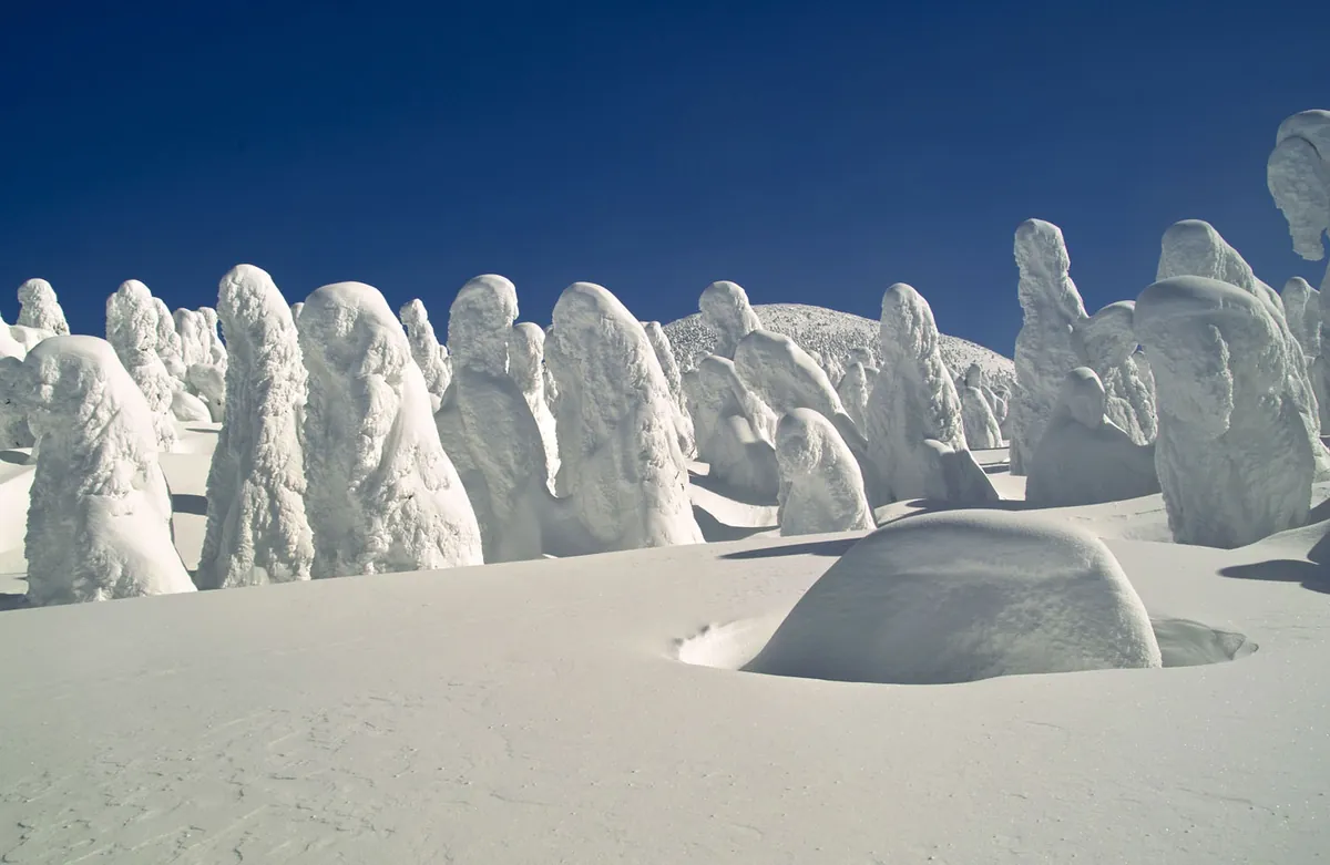 Towering juhyo formations at Mount Zao during peak winter season