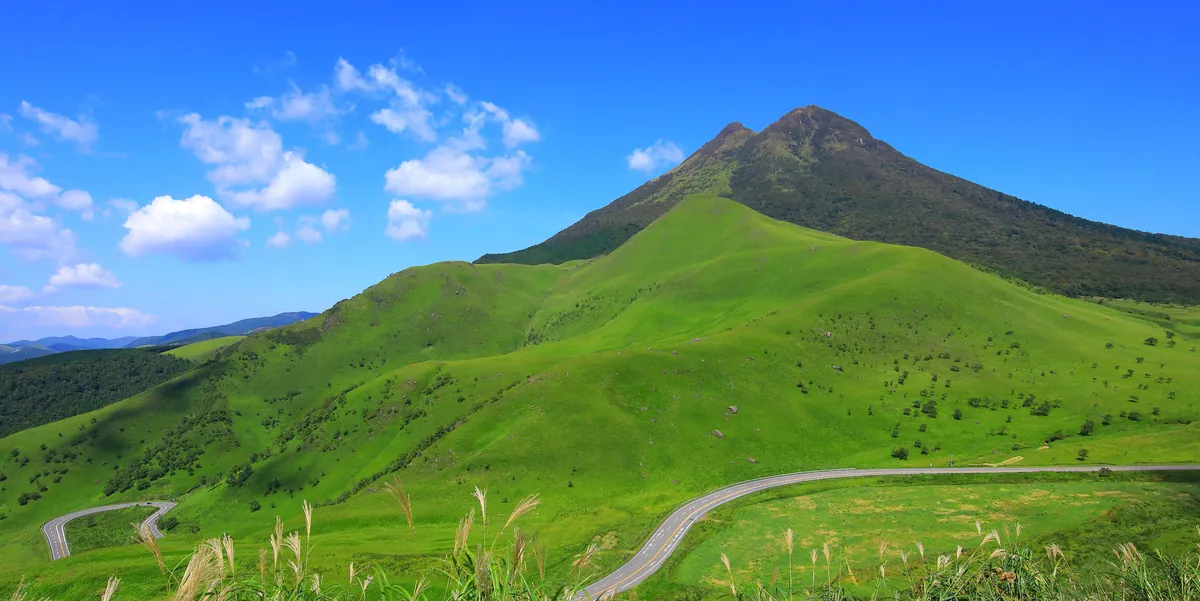 Mount Yufu rising above Yufuin's pastoral landscape