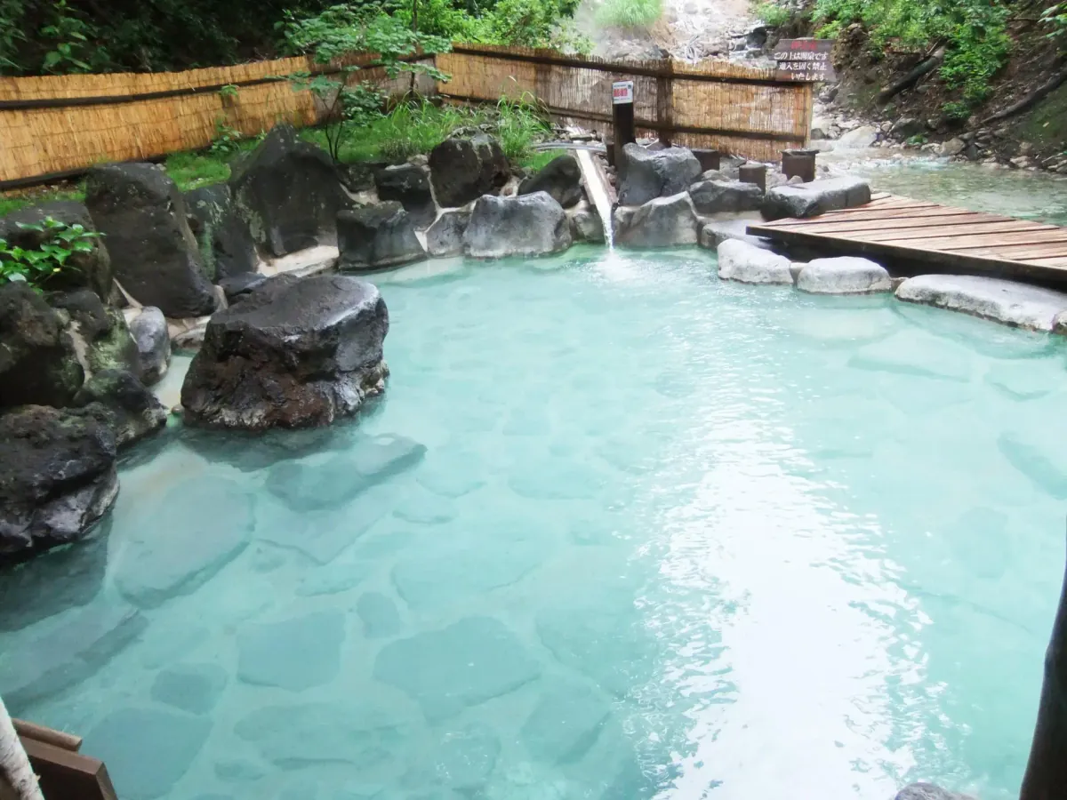 Steam rising from a serene outdoor onsen