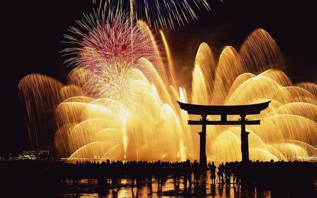Spectacular burst of colorful fireworks at Japanese summer festival